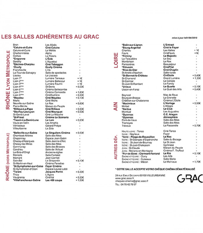 E-Chèque Cinéma GRAC valable 1 séance standard normale jusqu'au 14/01/2027