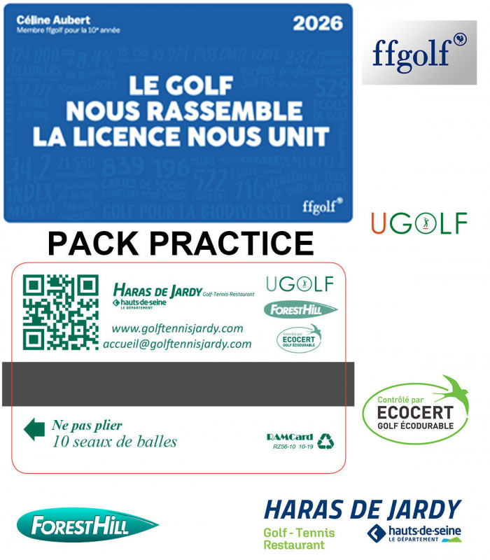 PACK Licence FFGOLF 2026 + 3 cartes de practice de 10 unités
